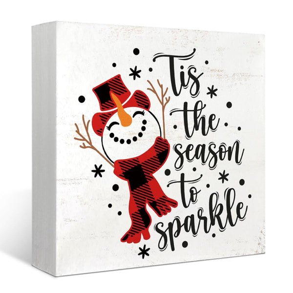 Christmas Snowman Decor Sign,Winter Tis the Season to Sparkle Snowman Wooden Box Sign