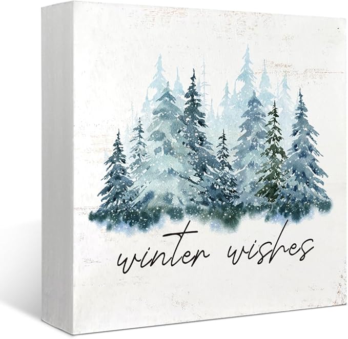 Christmas Winter Decor Sign,Winter Wishes Christmas Wood Box Decorations,Rustic Christmas Snow Trees Signs