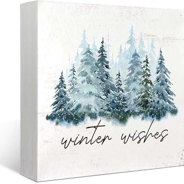 Christmas Winter Decor Sign,Winter Wishes Christmas Wood Box Decorations,Rustic Christmas Snow Trees Signs