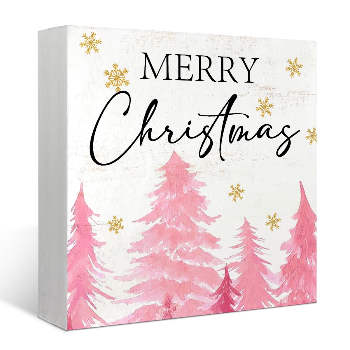 Pink Christmas Decor Wooden Box Decor Sign,Rustic Merry Christmas Signs for Bedroom Bathroom Home Office Desk Shelf Table Wall Decor