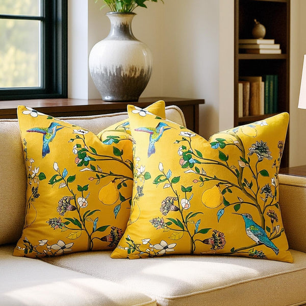 Yellow Floral Pillow Covers 18x18 Set of 2, Velvet Wild Flower Plant Throw Pillows Case