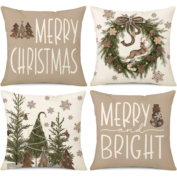 Christmas Pillow Covers 18x18 Set of 4 Brown Christmas Decorations Wooden Xmas Tree Snowman