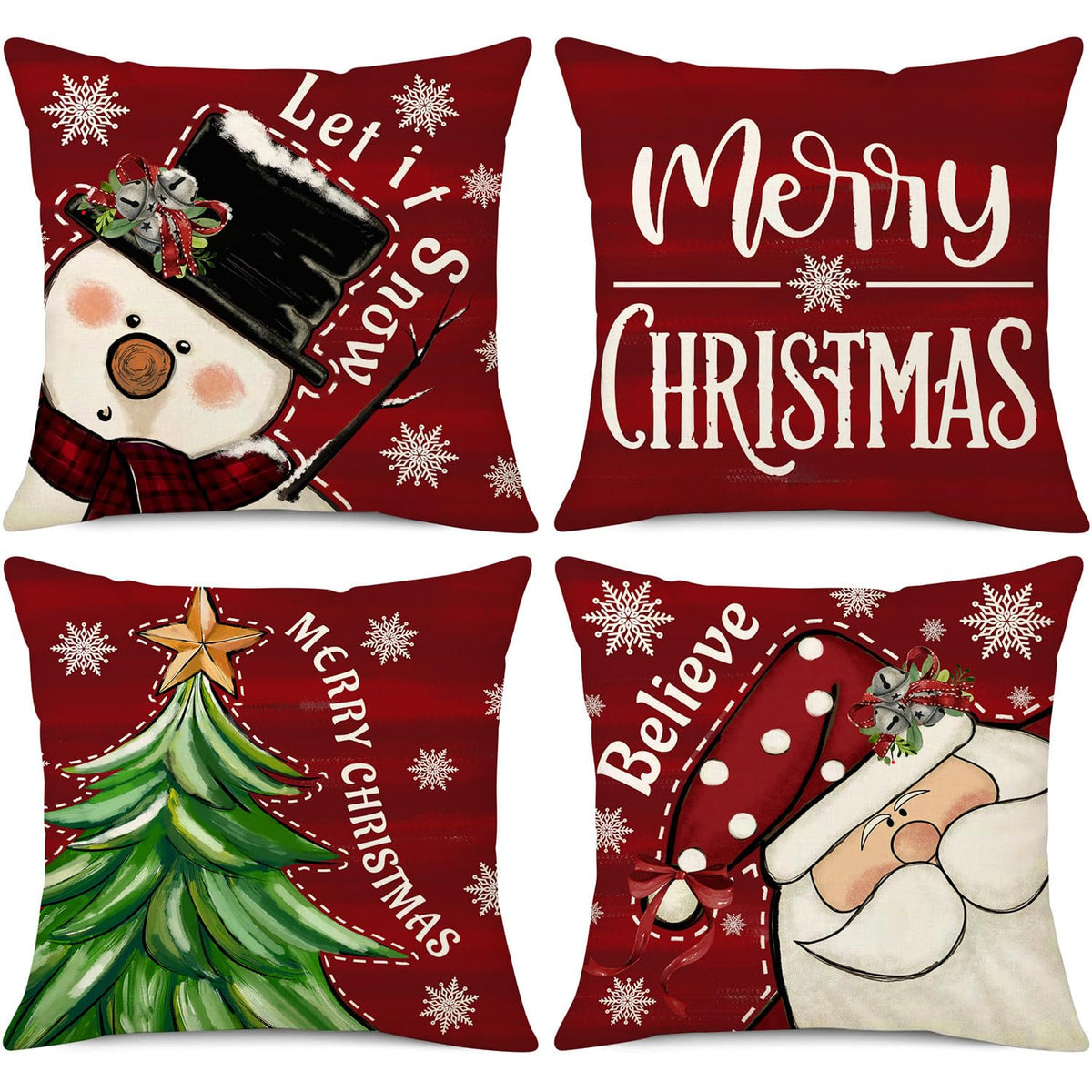 Christmas Pillow Covers 18x18 Set of 4 Red Christmas Decorations Let It Snow Snowman Believe Santa Claus