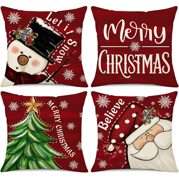 Christmas Pillow Covers 18x18 Set of 4 Red Christmas Decorations Let It Snow Snowman Believe Santa Claus