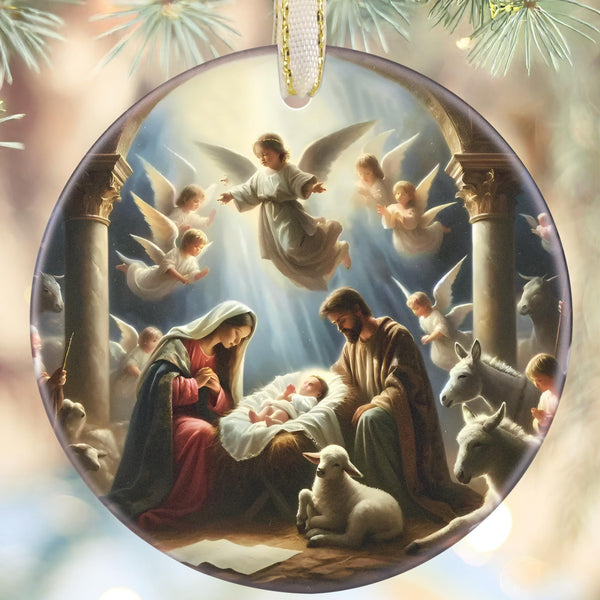 Nativity Christmas Decorations, 3 Inch Ceramic Religious Christmas Ornament, Christmas Tree Ornaments, Christian Gifts for Kids