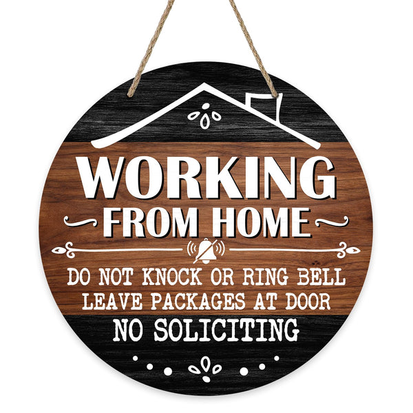No Soliciting Front Door Sign, Working from Home Wood Door Hanger Outdoor Outside Porch Decor