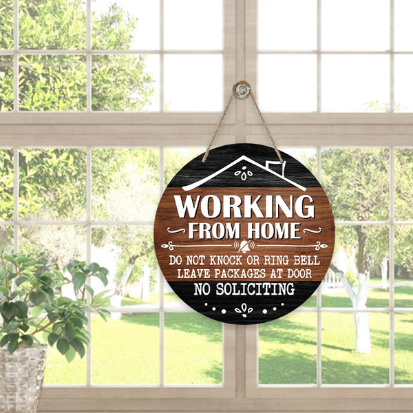 No Soliciting Front Door Sign, Working from Home Wood Door Hanger Outdoor Outside Porch Decor
