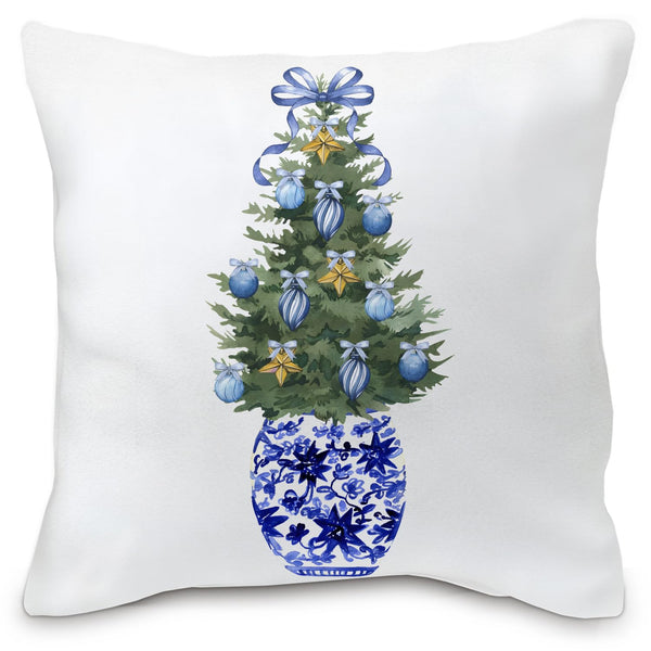 Chinoiserie Christmas Tree Pillow Cover - Blue and White 18x18, Blue Coquette Bows Tree Room Decor