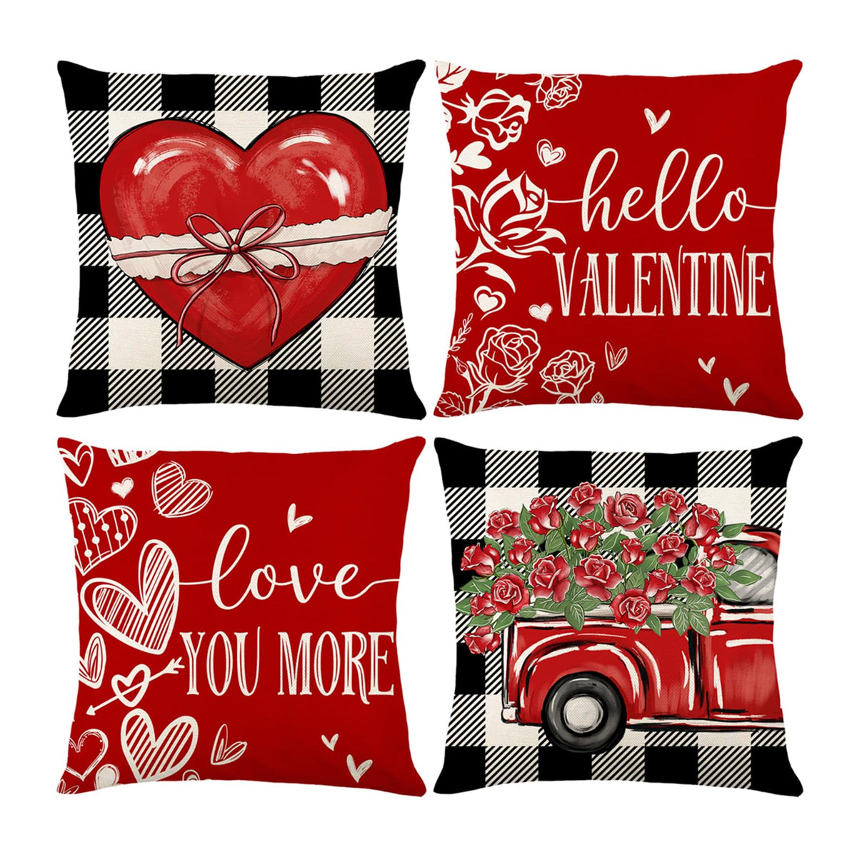 Valentines Day Decorations-Valentines Day Pillow Covers 18x18 Set of 4,Red Buffalo Check Valentine's Day