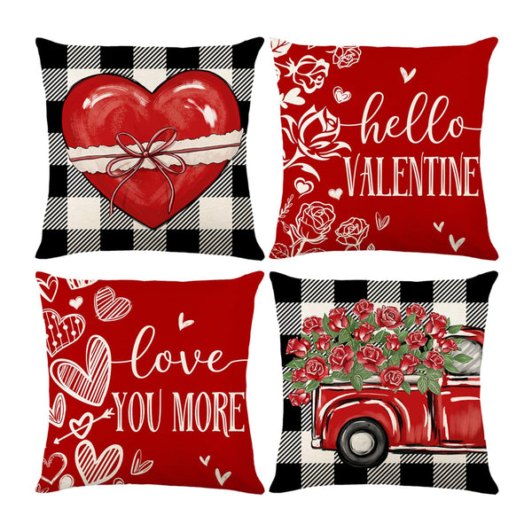Valentines Day Decorations-Valentines Day Pillow Covers 18x18 Set of 4,Red Buffalo Check Valentine's Day
