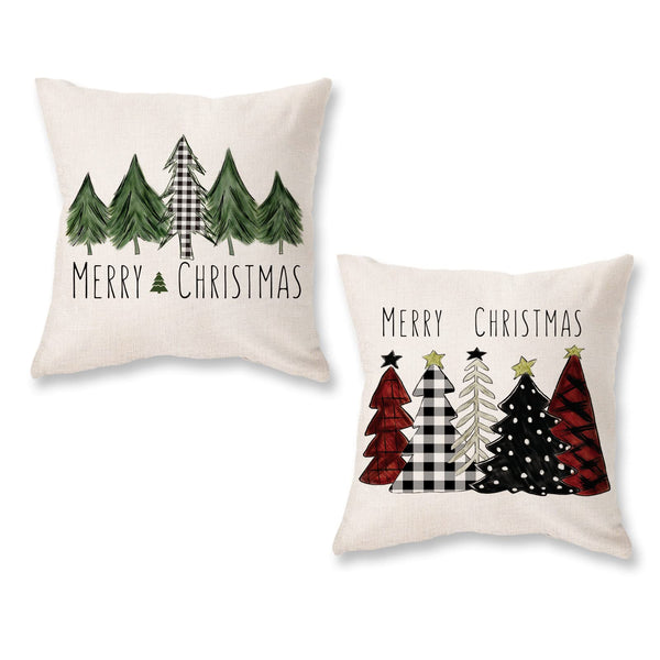 Christmas Pillow Covers 18x18 Inch Set of 2 Xmas Trees Red Buffalo Plaid Black Green Decorative Pillowcases