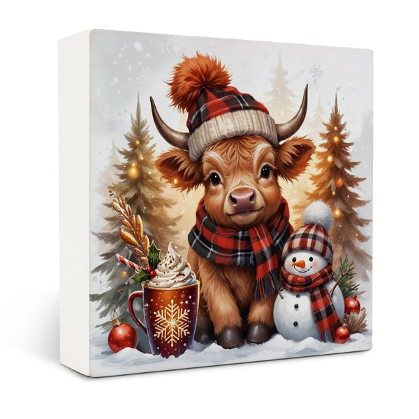 Christmas Highland Cow Wooden Box Sign Desk Decor, Highland Cow Christmas Decorations