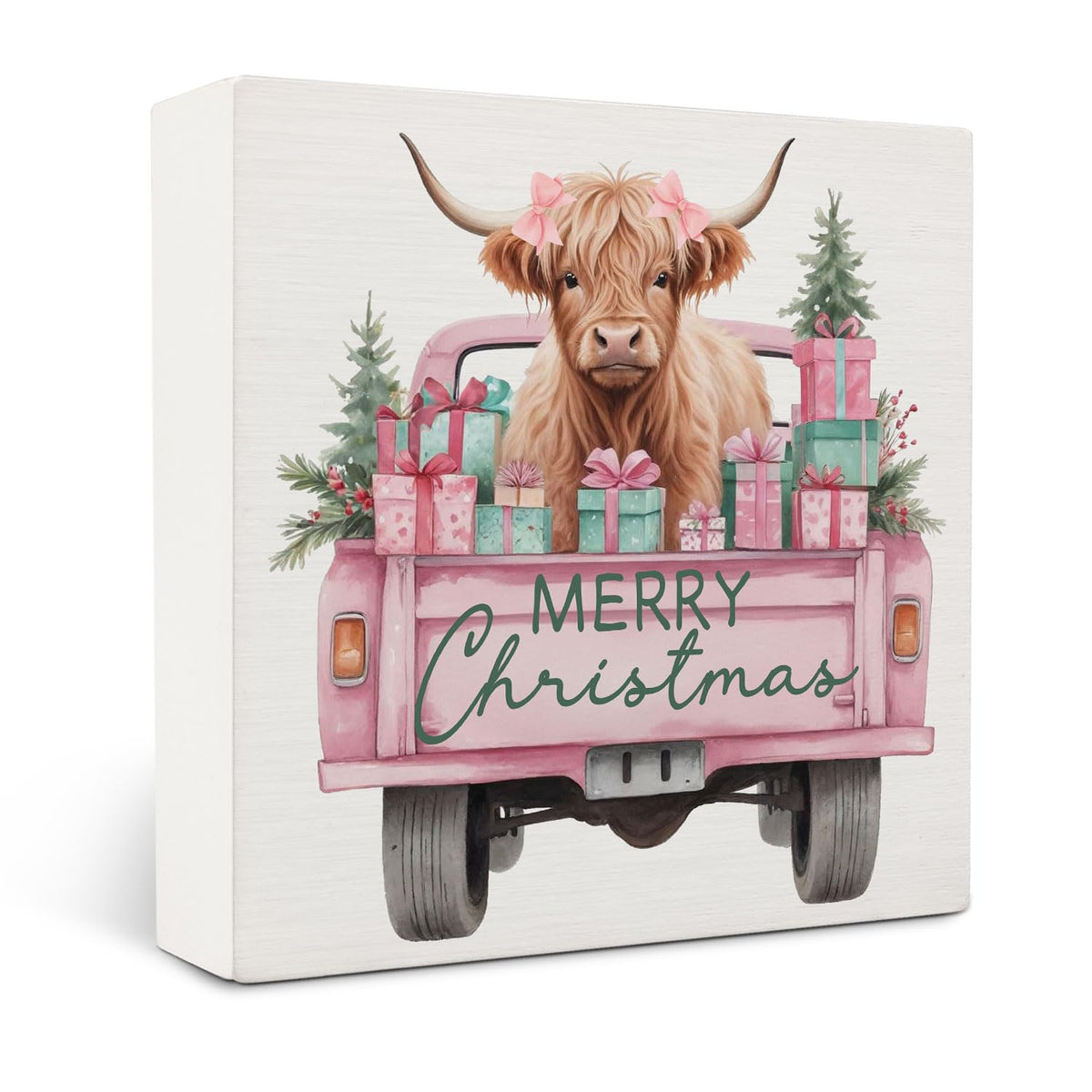 Pink Christmas Highland Cow Wooden Box Sign Desk Decor, Christmas Tree Pickup Truck Highland Cattle