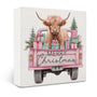 Pink Christmas Highland Cow Wooden Box Sign Desk Decor, Christmas Tree Pickup Truck Highland Cattle