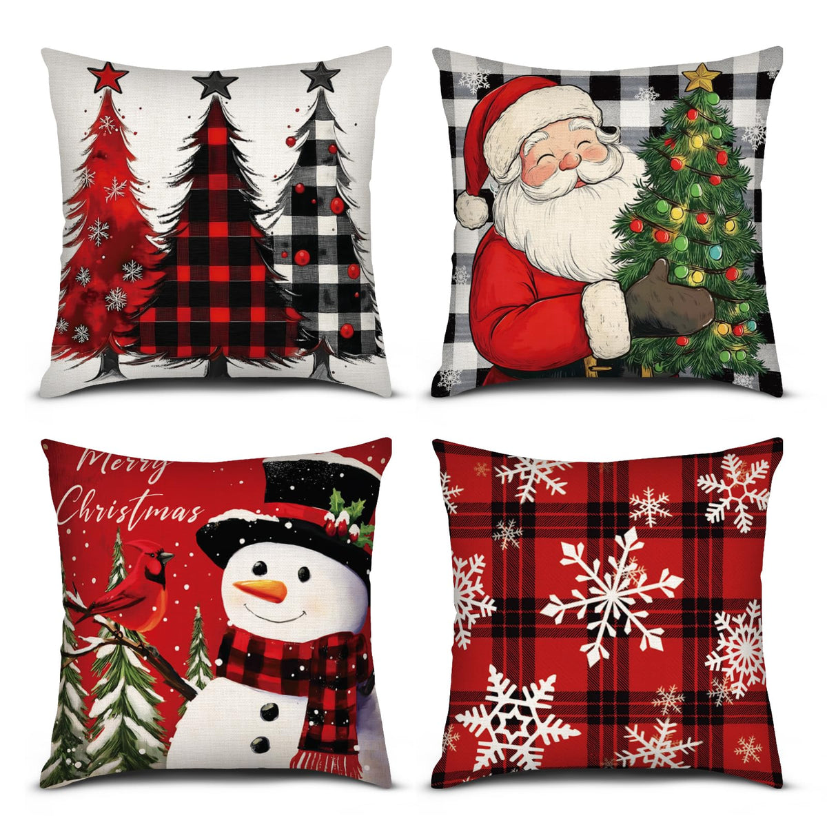 Christmas Throw Pillow Covers 18x18 Inch Set of 4, Square Winter Christmas Holiday Decorative Cushion Case