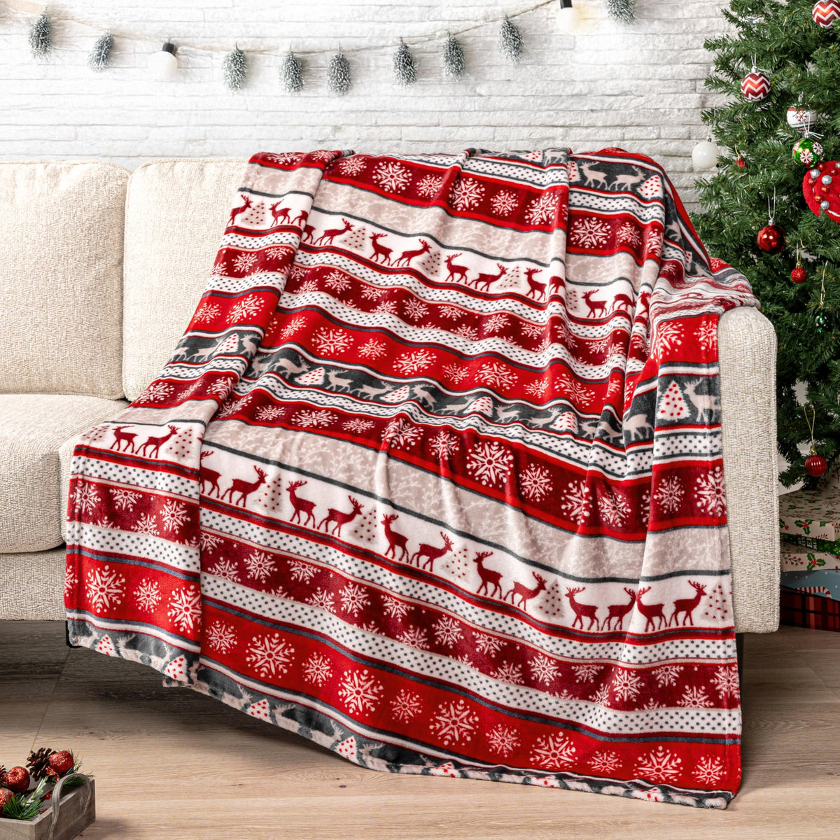 Holiday Reindeer Snowflakes Fleece Throw Blanket | Soft, Plush, Warm Winter Cabin Throw, 50x60, Red