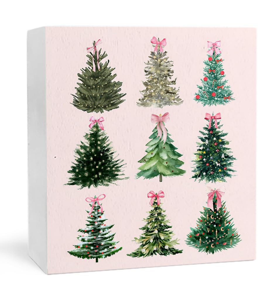 Pink Christmas Decor, Coquette Pink Bow Christmas Tree Wooden Box Sign, Coquette Christmas Decor
