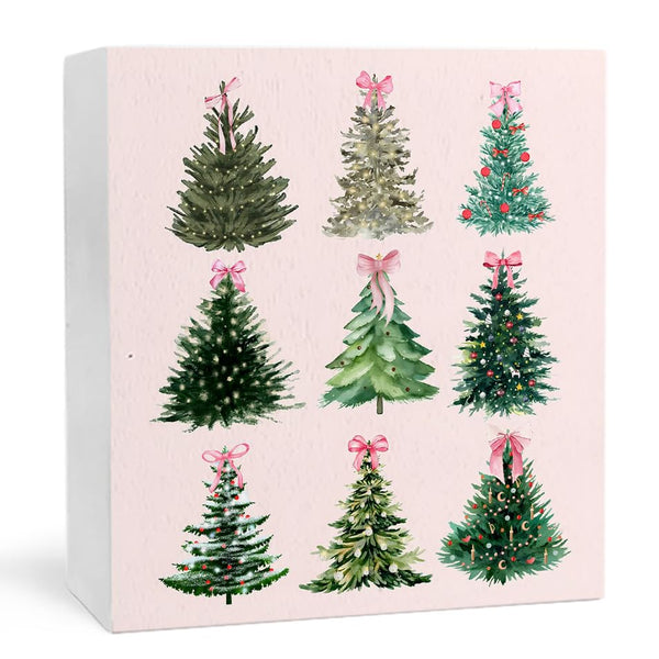 Pink Christmas Decor, Coquette Pink Bow Christmas Tree Wooden Box Sign, Coquette Christmas Decor