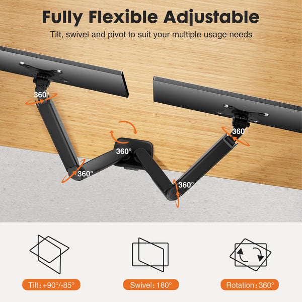 Dual Monitor Arm Desk Mount with Gas Spring, Adjustable Height and Full Motion Swivel Stand