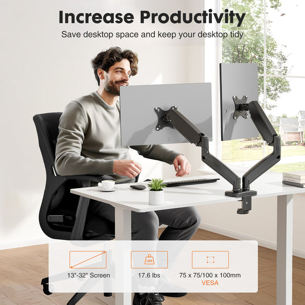 Dual Monitor Arm Desk Mount with Gas Spring, Adjustable Height and Full Motion Swivel Stand