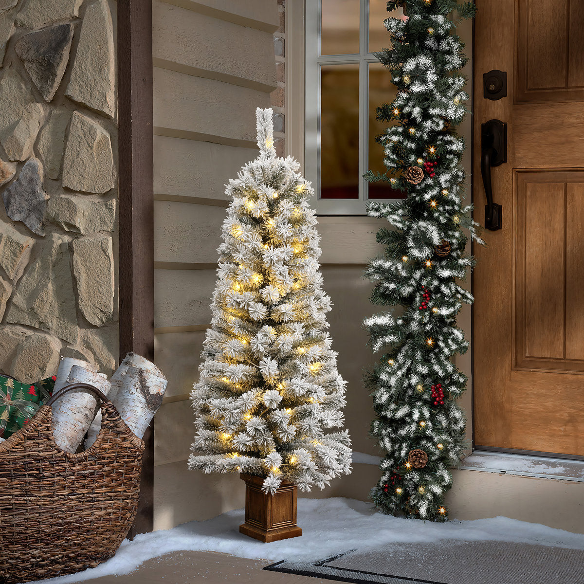 4ft Pre-Lit Frosted Artificial Christmas Tree in Decorative Pot, Green Snow-Flocked Holiday Tree with LED Lights