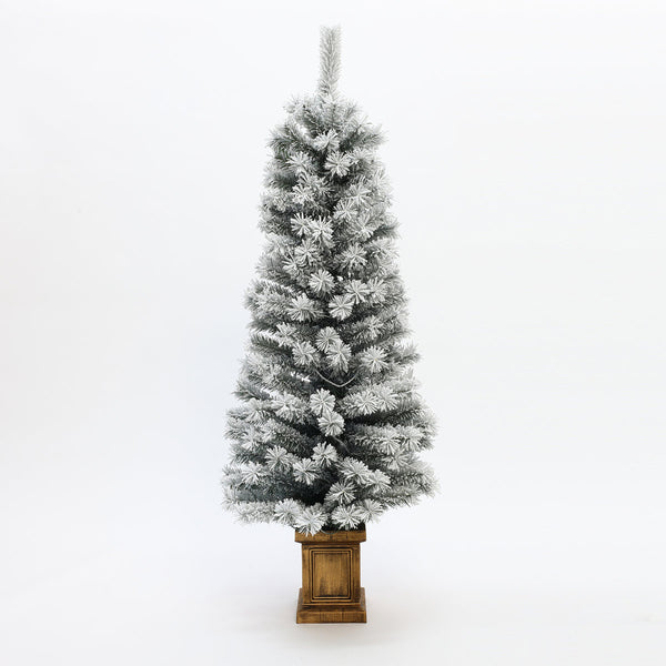 4ft Pre-Lit Frosted Artificial Christmas Tree in Decorative Pot, Green Snow-Flocked Holiday Tree with LED Lights