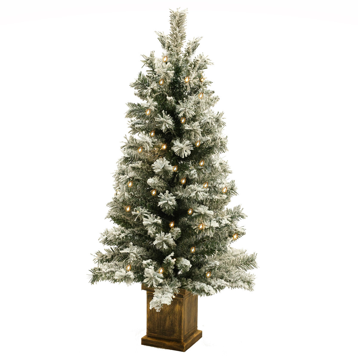 4ft Pre-Lit Frosted Artificial Christmas Tree in Decorative Pot, Green Snow-Flocked Holiday Tree with LED Lights