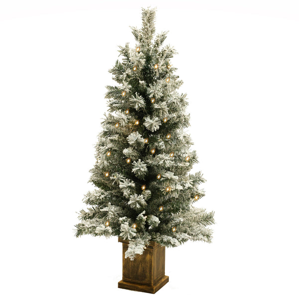 4ft Pre-Lit Frosted Artificial Christmas Tree in Decorative Pot, Green Snow-Flocked Holiday Tree with LED Lights
