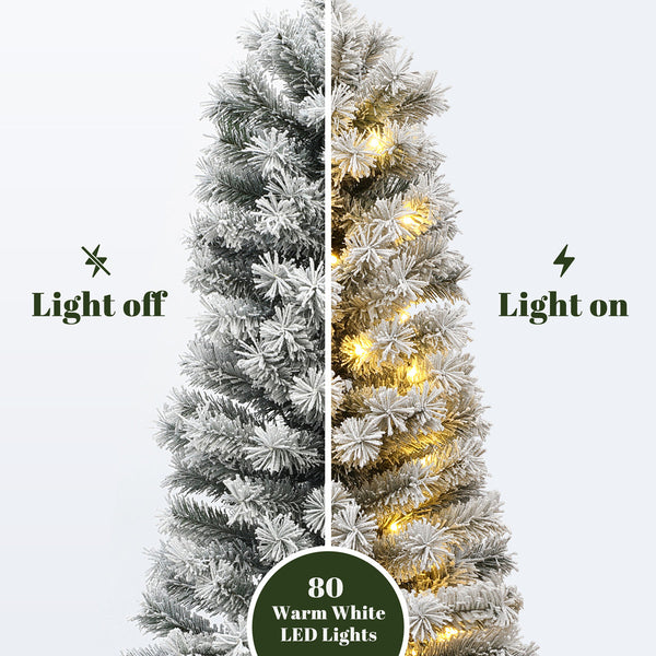 4ft Pre-Lit Frosted Artificial Christmas Tree in Decorative Pot, Green Snow-Flocked Holiday Tree with LED Lights