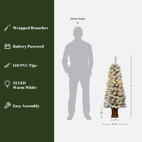 4ft Pre-Lit Frosted Artificial Christmas Tree in Decorative Pot, Green Snow-Flocked Holiday Tree with LED Lights