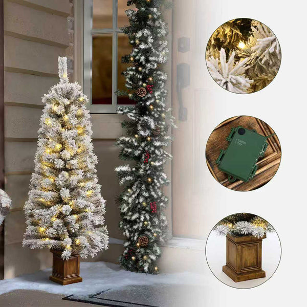 4ft Pre-Lit Frosted Artificial Christmas Tree in Decorative Pot, Green Snow-Flocked Holiday Tree with LED Lights