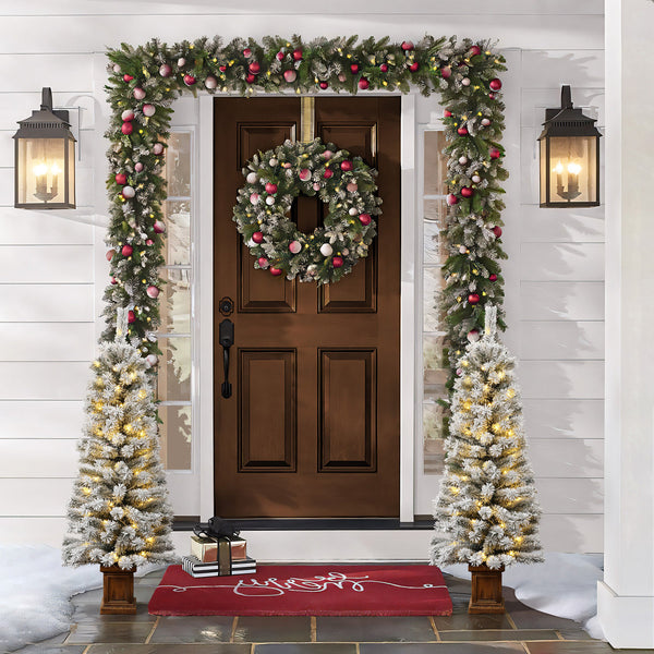 4ft Pre-Lit Frosted Artificial Christmas Tree in Decorative Pot, Green Snow-Flocked Holiday Tree with LED Lights