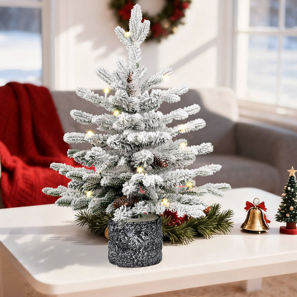 Pre-Lit Flocked Arctic Fir Artificial Christmas Tree with Lights, Potted Snow Frosted Holiday Tree
