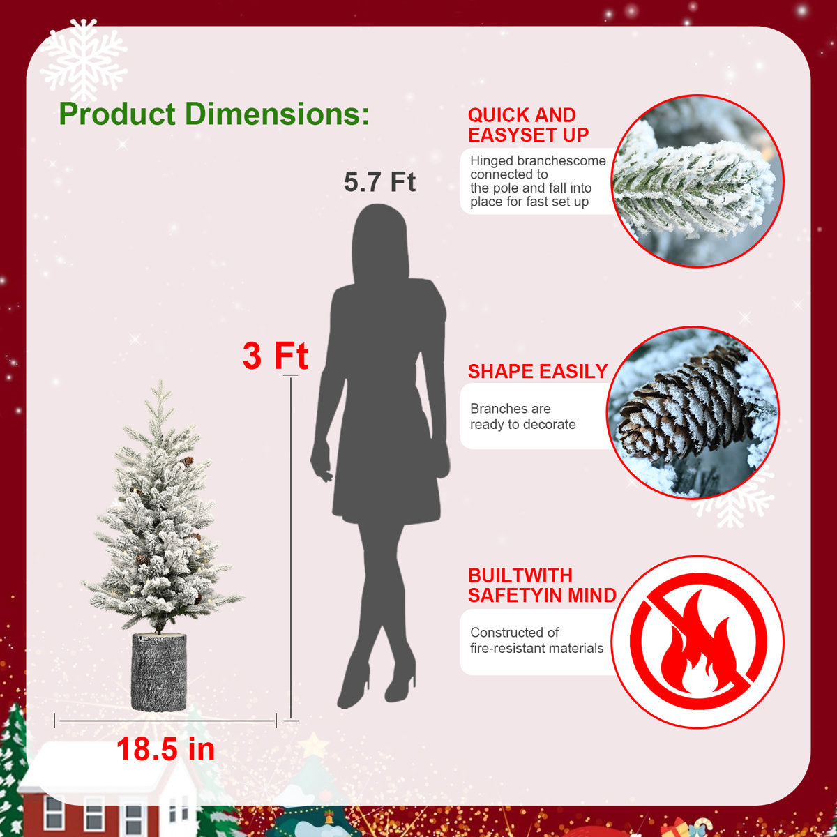 Pre-Lit Flocked Arctic Fir Artificial Christmas Tree with Lights, Potted Snow Frosted Holiday Tree