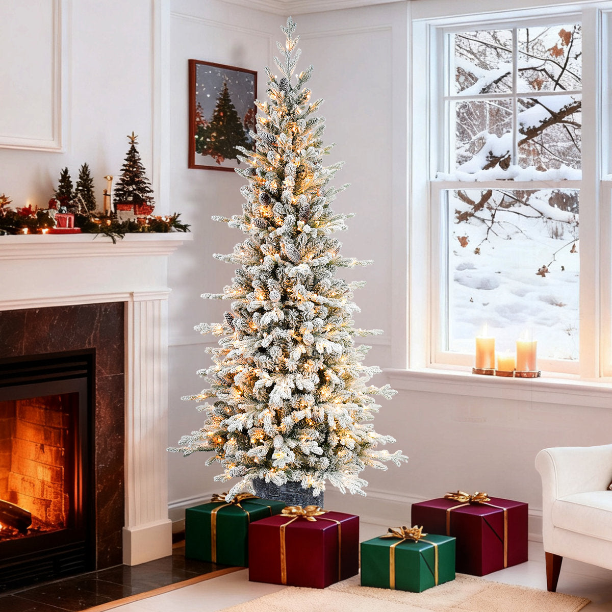 Pre-Lit Flocked Arctic Fir Artificial Christmas Tree with Lights, Potted Snow Frosted Holiday Tree