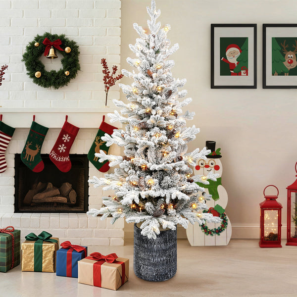 Pre-Lit Flocked Arctic Fir Artificial Christmas Tree with Lights, Potted Snow Frosted Holiday Tree