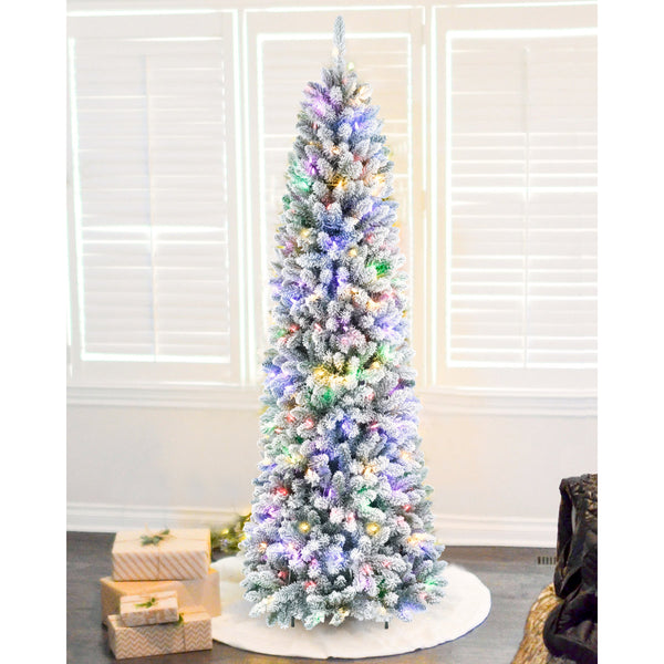 Pre-lit Pencil Snow Flocked Christmas Tree, Slim Spruce with Remote Control, Warm White & Multi-Color LED Lights for Holiday Home Decor