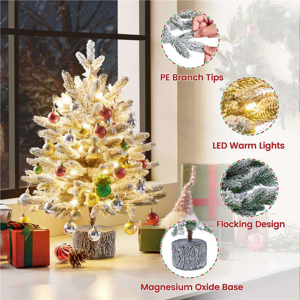 Pre-Lit Potted Flocked Tabletop Christmas Tree, Mini Snowy Pine Tree with Warm White LED Lights for Holiday Decor