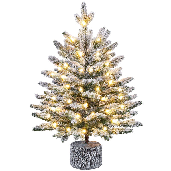Pre-Lit Potted Flocked Tabletop Christmas Tree, Mini Snowy Pine Tree with Warm White LED Lights for Holiday Decor