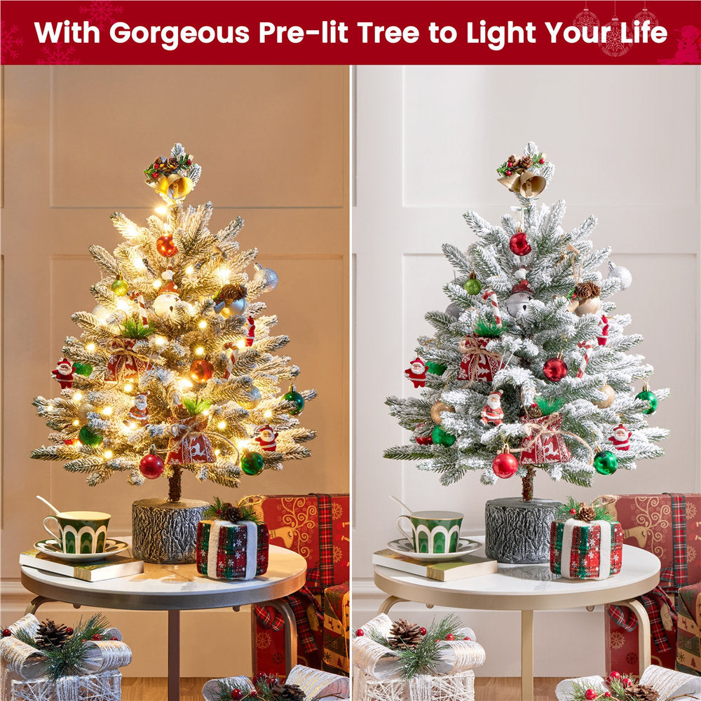 Pre-Lit Potted Flocked Tabletop Christmas Tree, Mini Snowy Pine Tree with Warm White LED Lights for Holiday Decor