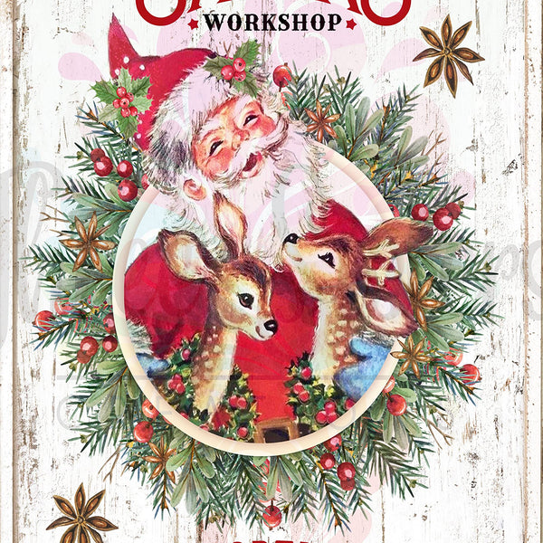 Santa's Workshop Sign - Retro Christmas Wreath Funny Metal Tin Sign
