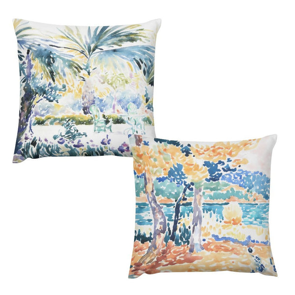 Watercolor Landscape Art Printed Decor Cushion Cover, Pink Modern Chinoiserie Floral Toile Print