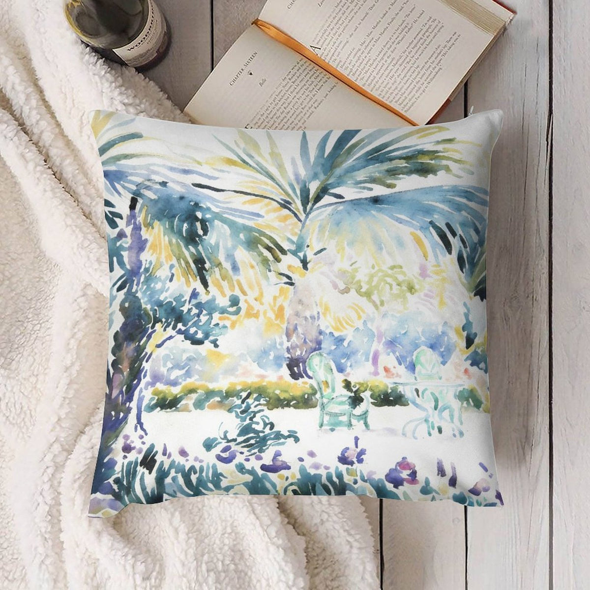 Watercolor Landscape Art Printed Decor Cushion Cover, Pink Modern Chinoiserie Floral Toile Print