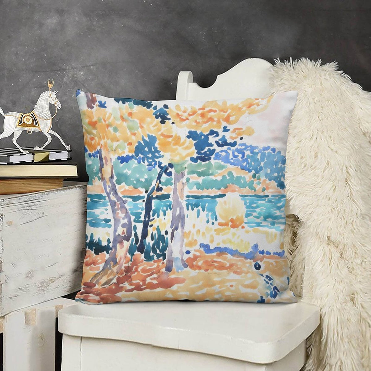 Watercolor Landscape Art Printed Decor Cushion Cover, Pink Modern Chinoiserie Floral Toile Print