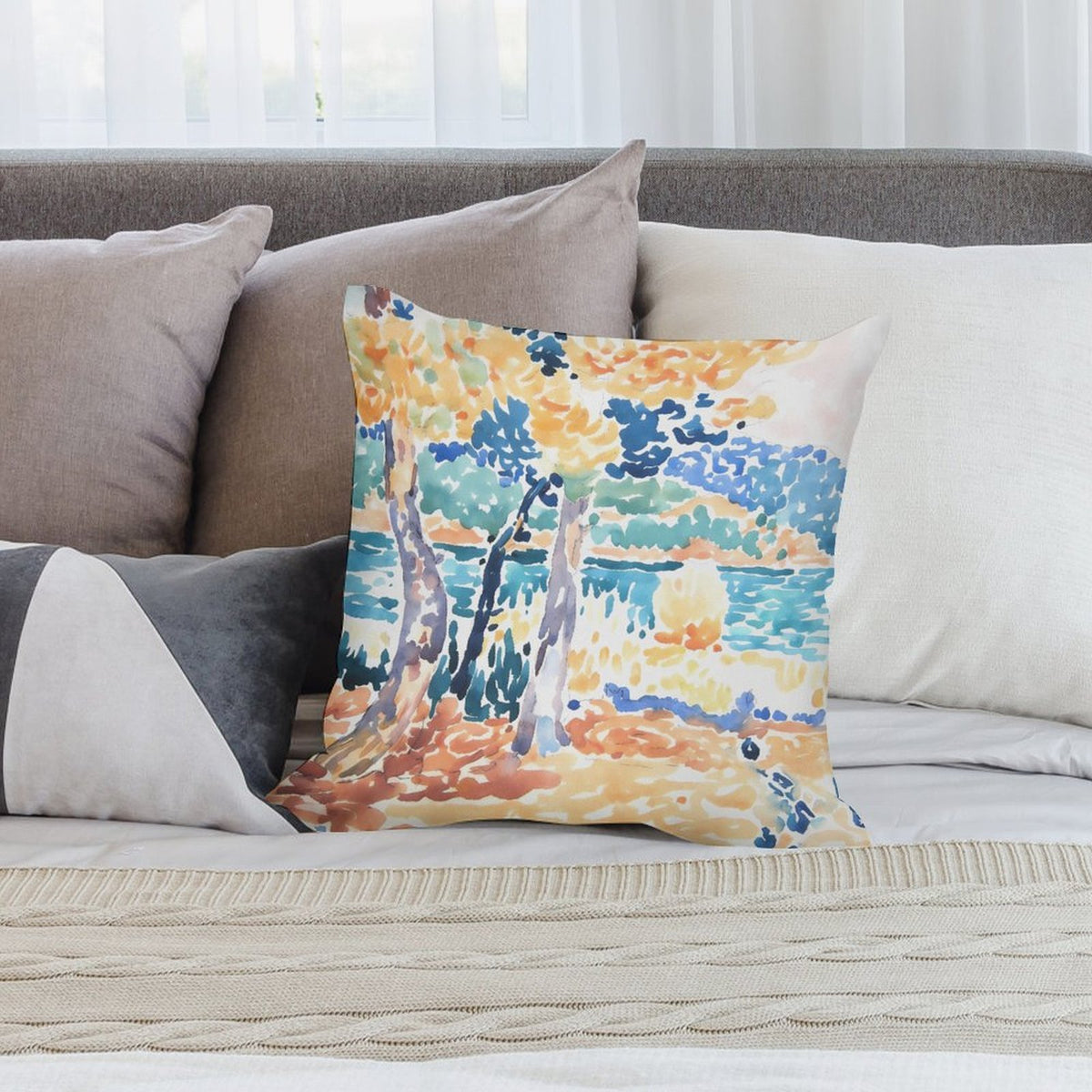 Watercolor Landscape Art Printed Decor Cushion Cover, Pink Modern Chinoiserie Floral Toile Print
