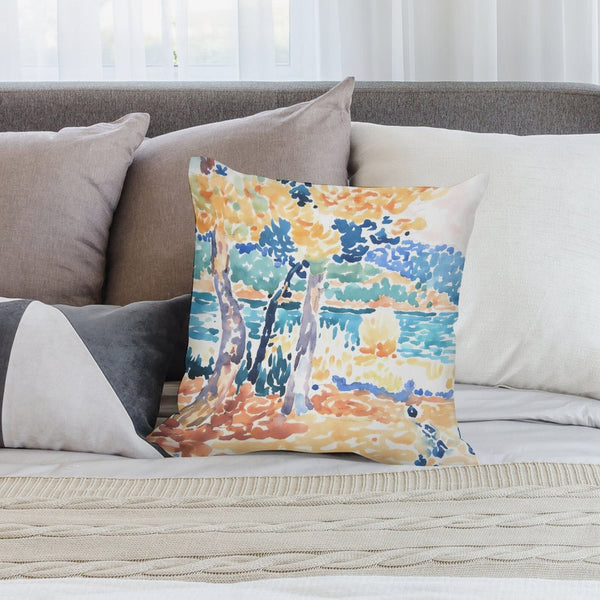 Watercolor Landscape Art Printed Decor Cushion Cover, Pink Modern Chinoiserie Floral Toile Print