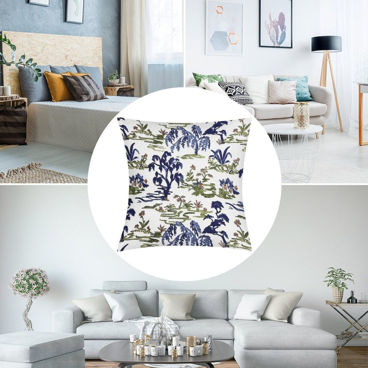Waterproof Blue Pillow Covers, Blue Throw Pillows, Blue Green Pillow Covers Euro Chinoiserie Floral Print