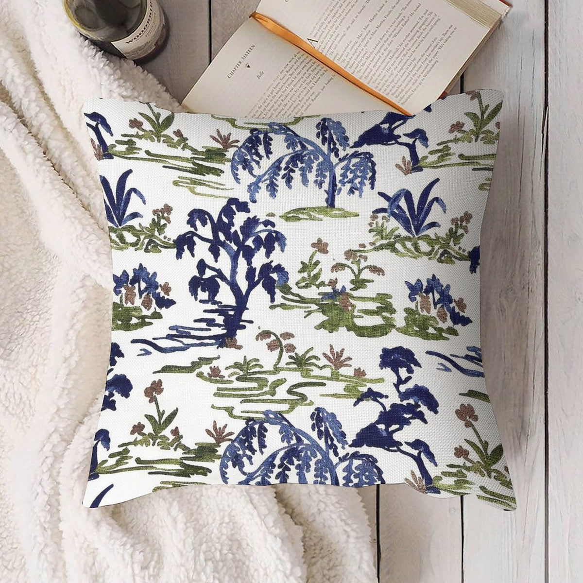 Waterproof Blue Pillow Covers, Blue Throw Pillows, Blue Green Pillow Covers Euro Chinoiserie Floral Print