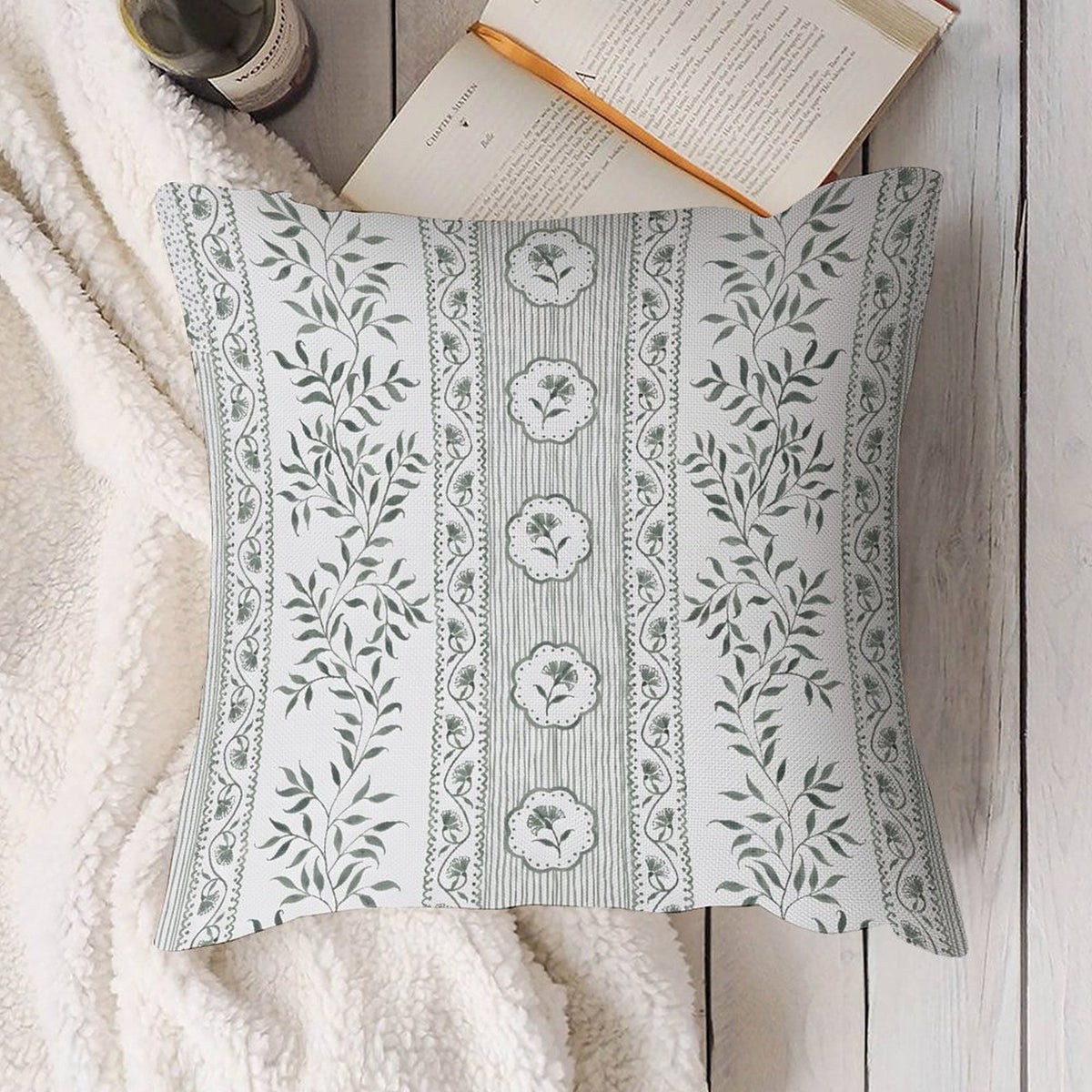 Green Floral Pillow Cover Euro Chinoiserie Floral Print