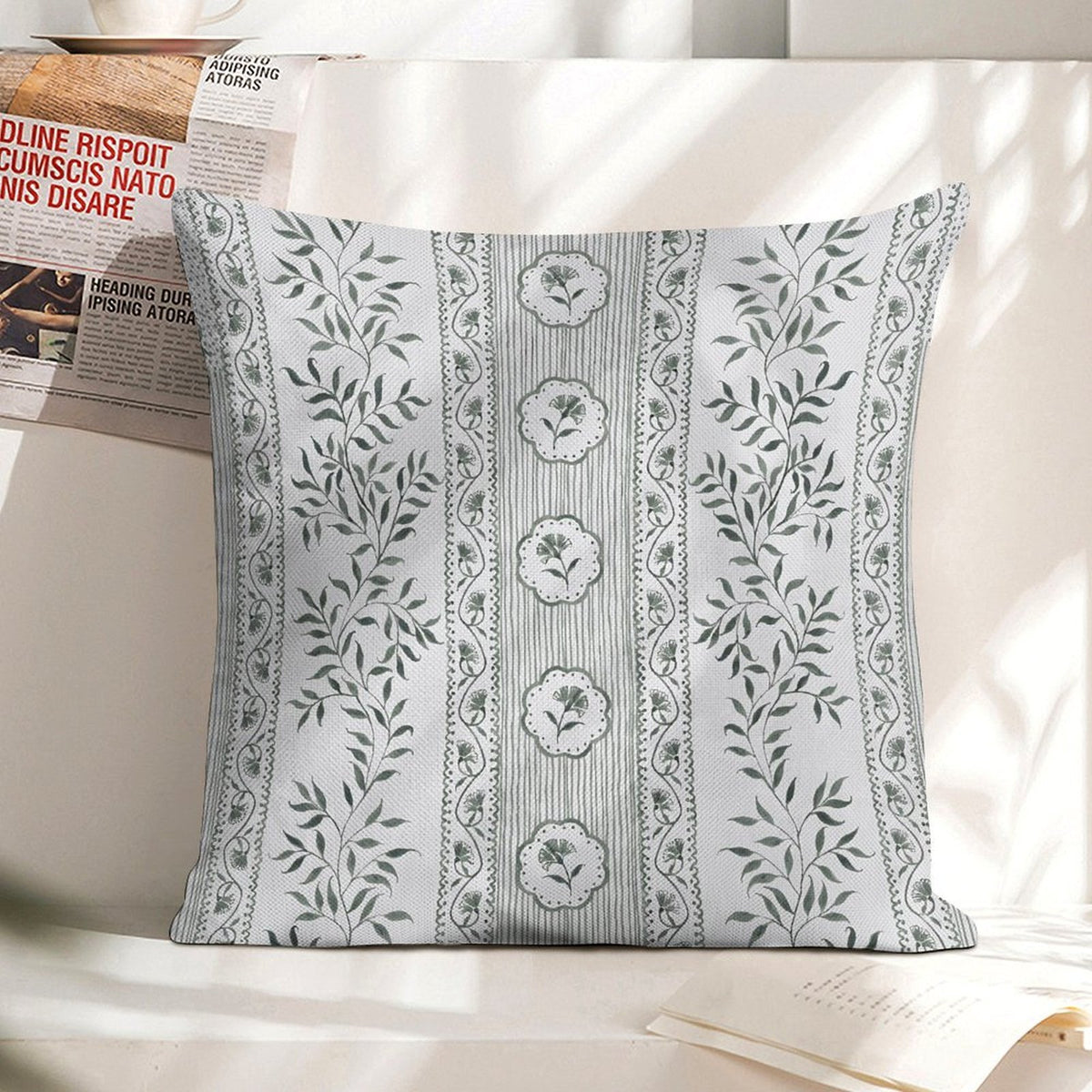 Green Floral Pillow Cover Euro Chinoiserie Floral Print